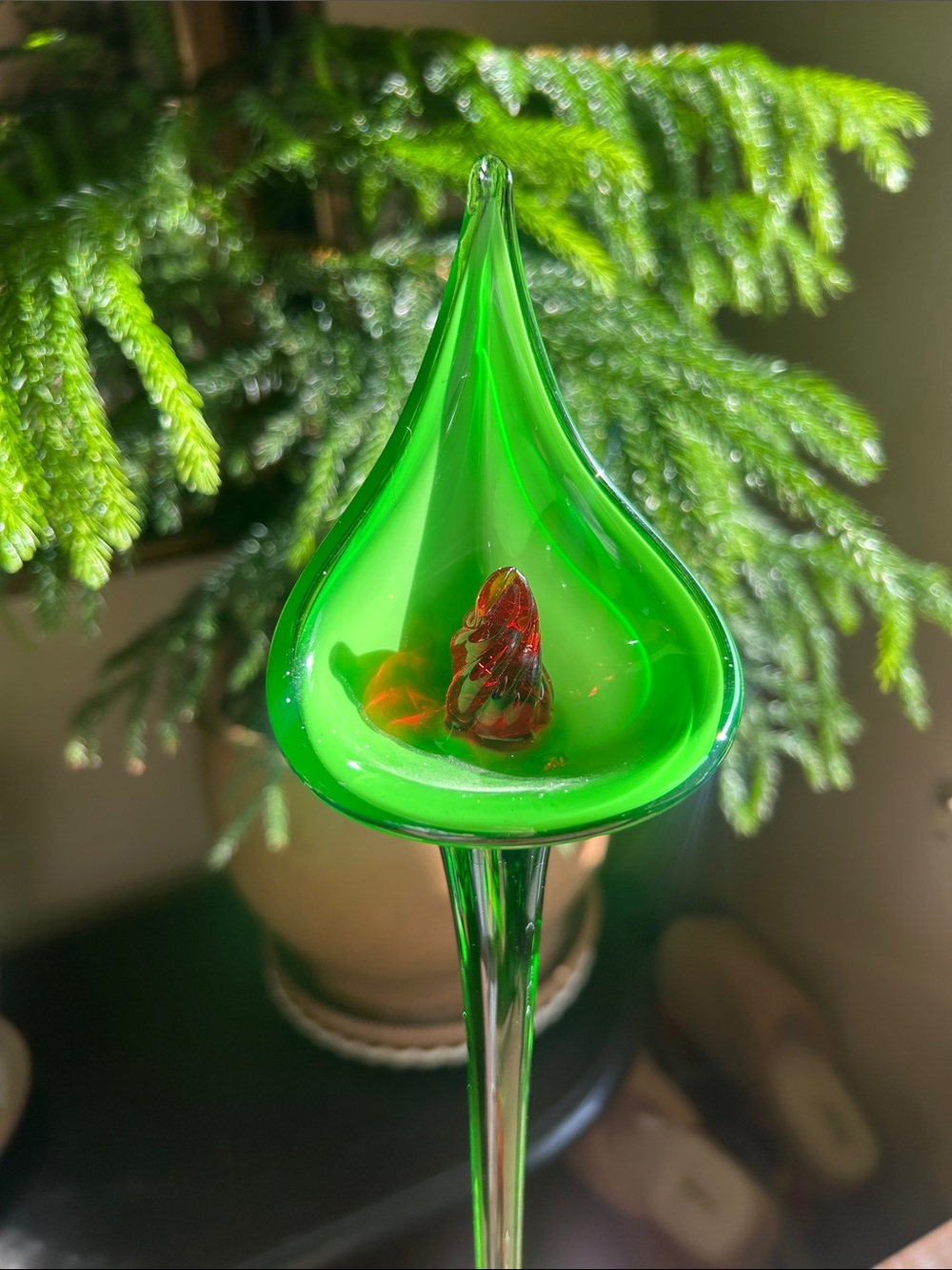 2Handblown Long Stem Glass Calla Lily Green Red Glass Flower & Leaf Murano Style
